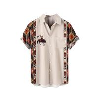 Mens Casual Shirts Retro Western Cowboy Print Shirt Summer Loose Short Sleeve T Shirt Ethnic Style Printed Lapel Button Down Top