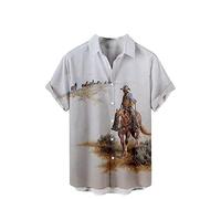 Mens Casual Shirts Retro Western Cowboy Print Shirt Summer Loose Short Sleeve T Shirt Ethnic Style Printed Lapel Button Down Top