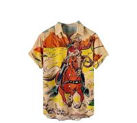 Mens Casual Shirts Retro Western Cowboy Print Shirt Summer Loose Short Sleeve T Shirt Ethnic Style Printed Lapel Button Down Top