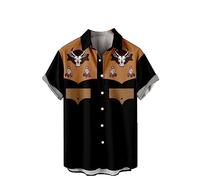 Mens Casual Shirts Retro Western Cowboy Print Shirt Summer Loose Short Sleeve T Shirt Ethnic Style Printed Lapel Button Down Top