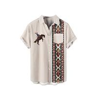 Mens Casual Shirts Retro Western Cowboy Print Shirt Summer Loose Short Sleeve T Shirt Ethnic Style Printed Lapel Button Down Top