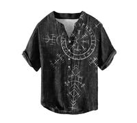 Mens Casual Shirts Short Sleeve Viking Mythology Shirt Summer Stretch V Neck Tee Tops Cotton Collarless Grandad T-Shirts Vintage Punk Tshirts Retro Gothic Henley Shirt