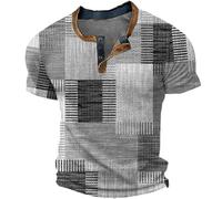 Mens Casual Shirts V Neck Button Patchwork Color Block Digital Print Short Sleeve Shirt Relaxed Fit Summer Comfort Urban Casual Retro Vintage Tops Grey