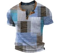 Mens Casual Shirts V Neck Button Patchwork Color Block Digital Print Short Sleeve Shirt Relaxed Fit Summer Comfort Urban Casual Retro Vintage Tops Blue