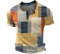 Mens Casual Shirts V Neck Button Patchwork Color Block Digital Print Short Sleeve Shirt Relaxed Fit Summer Comfort Urban Casual Retro Vintage Tops Yellow