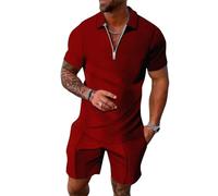Men's Casual Short Sleeves Zip Collar Polo & Elastic Waist Shorts Co-ord Set Summer Breathable Tracksuit for Holiday, Sport, Leisure Comfortable Loungewear 2-Piece Gym Activewear