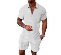 Men's Casual Short Sleeves Zip Collar Polo & Elastic Waist Shorts Co-ord Set Summer Breathable Tracksuit for Holiday, Sport, Leisure Comfortable Loungewear 2-Piece Gym Activewear