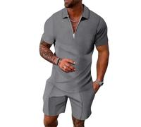 Men's Casual Short Sleeves Zip Collar Polo & Elastic Waist Shorts Co-ord Set Summer Breathable Tracksuit for Holiday, Sport, Leisure Comfortable Loungewear 2-Piece Gym Activewear