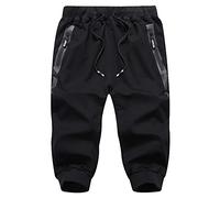 Men's Casual Shorts 3/4 Jogger Capri Pants Breathable Knee Length Running Training Workout Short Pants with Zip Pockets (Black, XL)