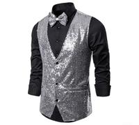 Men's Casual Slim Fit Waistcoat with Sparkling Sequins for Evening Wear (XXL Silver)