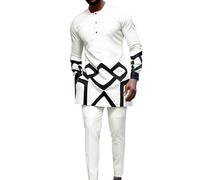 Men's Casual Style Printed Long Sleeve Long Pants African Ethnic Two Piece Suit/A#G White