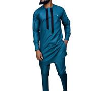 Men's Casual Suit African Style Long Sleeve Solid Color Patchwork Shirt and Pants Suit Leotard Party Suit Costume for Men Blue