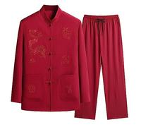 Men's Casual Suit Chinese Style Traditional Men's Suit Plain Kung Fu Uniform Tai Chi Martial Arts Clothing Wushu Two Piece Suit Tracksuit with Button Placket and Pockets, red, XXXL