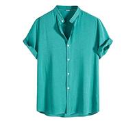 Men's Casual Summer Linen Shirt Band Collar Short Sleeve Button Down Shirt with Chest Pocket Hawaiian Holiday Yoga Shirt(Xa Blue,X-Large)