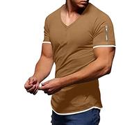 Men's Casual Summer Plain T-Shirt with Extra Deep V-Neck Slimfit Deep V-Neck Stretch Stretchy Plain Basic Shirt T-Shirt Short Sleeve Blouse Bottoming Undershirt, X-1 Khaki, XXL