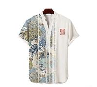 Mens Casual Summer Shirt with Short Sleeves, Button V Neck, and Distinctive Japanese Art Print for Everyday Travel (XL A)