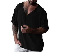 Men's Casual T-Shirt Deep V Neck Loose Fit Baggy Shirts Short Sleeved Lightweight Quick Dry Tee Shirts Summer Beach Holiday Tops Black