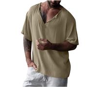 Men's Casual T-Shirt Deep V Neck Loose Fit Baggy Shirts Short Sleeved Lightweight Quick Dry Tee Shirts Summer Beach Holiday Tops Khaki