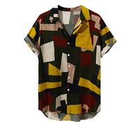 Mens Casual T Short Fashion Loose Sleeve Shirt Printed Buttons Men's Blouse Rolled up Sleeve Dress Shirts for Men Yellow