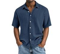 Men's Casual Textured Short Sleeve Button Down Shirt Lightweight Cotton Loose Fit Summer Beach Shirts 2025 (Navy Blue,4XL)