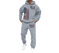 Men's Casual Tracksuits American Flag Printed Long Sleeve Pullover Tracksuit Set Casual Sports Fleece Hoodie and Joggers Sweatpants Set Warm Comfortable Sweatshirt Sportswear Grey