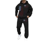 Men's Casual Tracksuits American Flag Printed Long Sleeve Pullover Tracksuit Set Casual Sports Fleece Hoodie and Joggers Sweatpants Set Warm Comfortable Sweatshirt Sportswear Black