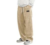 Mens Casual Trousers Baggy Elasticated Waist Corduroy Trousers Wide Leg Comfy Soft Sweatpants Plain Sports Lounge Pants with Pockets Khaki