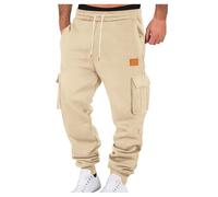 Mens Casual Trousers Drawstring Elastic Waist Jogging Bottoms with Multipockets Solid Color Joggers Fleece Warm Thickened Sweatpants Loose-Fit Oversized Sports Tracksuit Bottoms