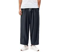 Men's Casual Trousers Elastic Waist Cotton Linen Ethnic Style Floral Wide Leg Loose Large Size Harem Pants Yoga Pants Spliced Trendy Slacks Men Skirt (B, XXXL), navy, M