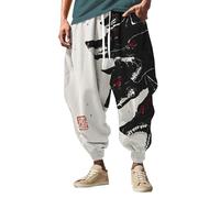 Mens Casual Trousers Japanese Style Trousers Men Baggy Harem Trouser Pattern Fun Print Trouser Casual Hippie Harem Joggers Crotch Cuffed Pants Streetwear Wide Leg Breathable Bottom White