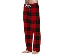 Men's Casual Trousers Wide Leg Comfy Pyjama Trousers Elasticated Waist with Checked Printed Casual Drawstring Sleep Bottoms Ankle-Length Comfort Soft Breathable Lightweight Pants with Pockets Red