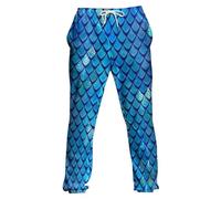 Men's Casual Trousers with 3D Mermaid Scales Print, Blue Jogging Bottoms Glitter Effect, Funny Costume Pants for Party Events