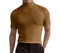 Men's Casual Turtleneck Pullover Tops Short Sleeve Slim Fit Plain Shirts Plus Size Cotton Comfy Classic Basic Tshirts Brown