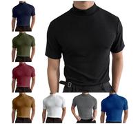 Men's Casual Turtleneck Pullover Tops Short Sleeve Slim Fit Plain Shirts Plus Size Cotton Comfy Classic Basic Tshirts Black