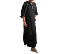 Men's Casual V-Neck Linen Thobe Cotton Blend Long Sleeve Muslim Kaftan, Lightweight Arabic Robe Gown for Everyday Comfort and Relaxed Summer Wear Black