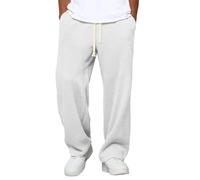 Mens Casual Waffle Pants Mens Sweatpants Track Bottoms UK Elastic Waisted-Open-Hem Sweatpants with Pockets Straight Leg Sports Trousers for Men Loose Lightweight Wide Leg Walking Trousers White