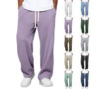 Mens Casual Waffle Pants Mens Sweatpants Track Bottoms UK Elastic Waisted-Open-Hem Sweatpants with Pockets Straight Leg Sports Trousers for Men Loose Lightweight Wide Leg Walking Trousers Purple