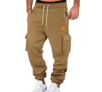 Mens Casual Waist Color Sports Hat Woven Pocket Solid Color Pocket Leather Label Thin Fleece Sweatpants 2-1 Gold