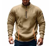 Mens Casual Zipper Cargo Sweatshirt Vintage V Neck Long Sleeve Soft Jumpers Kangaroo Pocket Quarter Collar Zip up Pullover Work Sweaters Mens Autumn Thermal Heavyweight Hoodless Standing Polo Tops