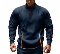 Mens Casual Zipper Cargo Sweatshirt Vintage V Neck Long Sleeve Soft Jumpers Kangaroo Pocket Quarter Collar Zip up Pullover Work Sweaters Mens Autumn Thermal Heavyweight Hoodless Standing Polo Tops