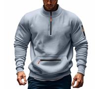 Mens Casual Zipper Cargo Sweatshirt Vintage V Neck Long Sleeve Soft Jumpers Kangaroo Pocket Quarter Collar Zip up Pullover Work Sweaters Mens Autumn Thermal Hoodless Standing Polo Tops Grey
