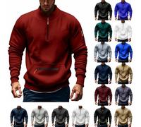 Mens Casual Zipper Cargo Sweatshirt Vintage V Neck Long Sleeve Soft Jumpers Kangaroo Pocket Quarter Collar Zip up Pullover Work Sweaters Mens Autumn Thermal Heavyweight Hoodless Standing Polo Tops Red