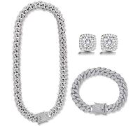Mens Chains Diamond Cuban Link Chain Necklace Bracelets Set for Men Women Bling Bling Hip Hop Jewelry, Brass, No Gemstone