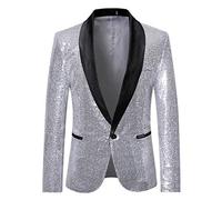 Mens Charm One Button Fit Formal Classic Blazer Wedding Party Sequins Jacket Suits Casual Luxury Vintage Retro Smart Elegant Dinner Suits Jacket Waistcoat Trench Coat Size M-XXXL Silver