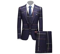 Men's Check Plaid 3 Piece Suit Slim Fit Notched Lapel One Button Blazer Set Wedding Party Jacket Vest & Pant (XL,Dark Blue)