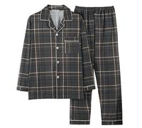 Mens Check Pyjama 2 Piece Set Mens Pyjamas Sets Long Sleeve Top and Pyjama Bottom Nightwear Loungewear Pyjamas Set Soft Checked Sleepwear Nightwear Checked Design with Pockets (2-Grey, L)