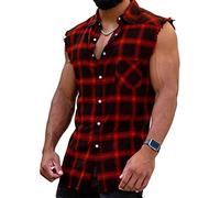 Men's Check Shirt Sleeveless Shirt Checked Sleeveless Shirts Regular Fit Flannel Shirt Men Summer Cotton Shirt T-Shirt Tank Tops Casual Shirt, A: RED, 3XL
