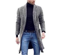 Mens Check Wool Coat Lapel Tweed Coat Medium-length Double-breasted Coarse Coat Men's Grey Checked Woolen Overcoat Men's Plaid Tartan Long Peacoat Elegant Lapel Winter Jackets