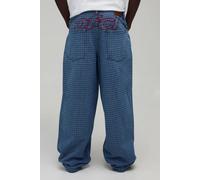 Men's Checked Denim OF pplique Relaxed Fit Jeans | Mid Blue | Size 36R | BOOHOOMAN