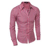 Mens Checked Shirt Cotton Dress Shirts Business Formal Shirts Button Down Shirt Slim Fit Long Sleeve Shirts Outdoor Shirts Work Casual Shirt Gingham Shirt Lapel Plaid Tops for Everyday Wear Red